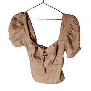 NWOT ANGL Haute Monde Tan Puff Sleeve Crop Top Medium